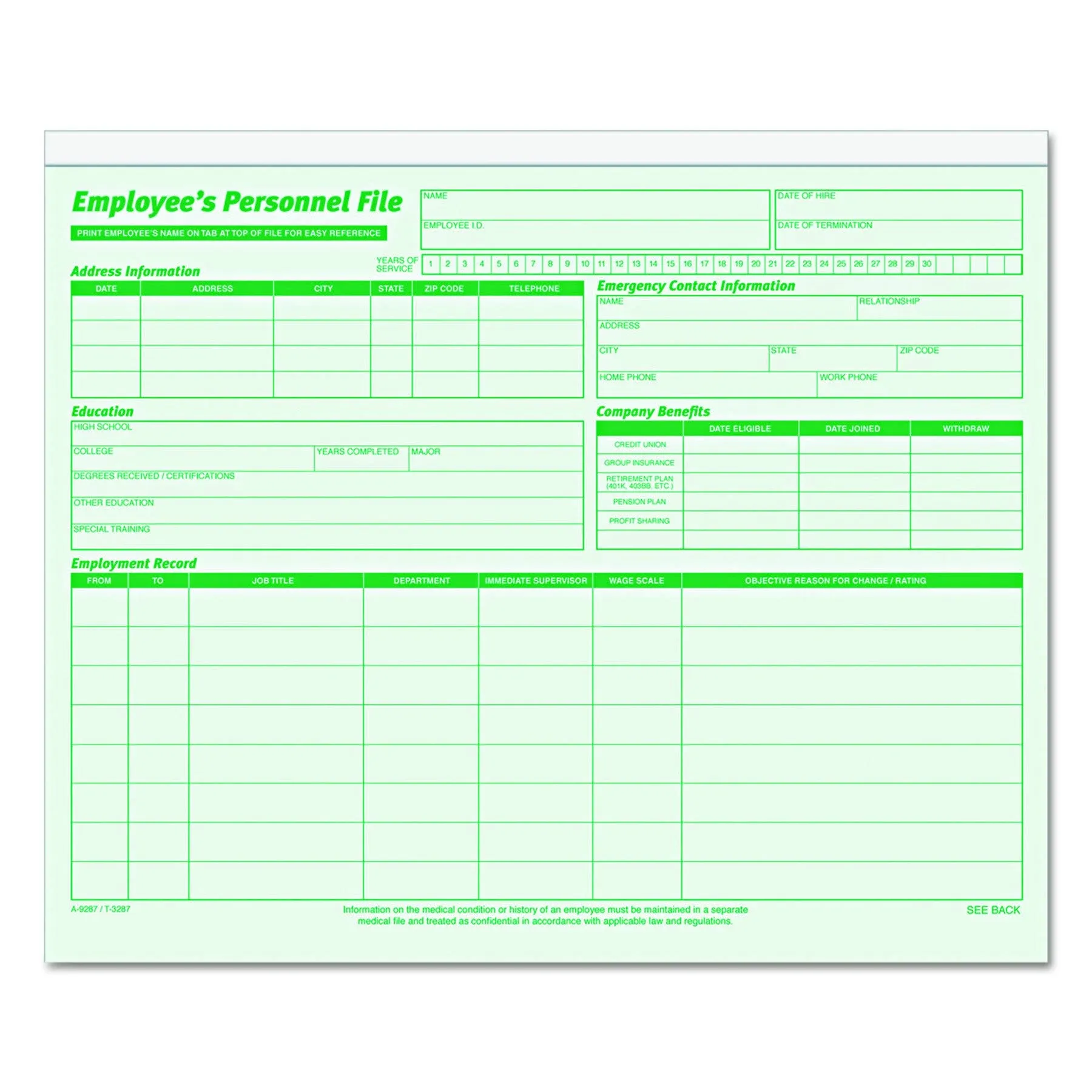 Tops 3287 Employee Record File Folders, Straight Cut, Letter, Green, 20/Pack