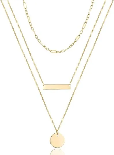 Turandoss Dainty Layered Choker Necklace, Handmade 14K Gold Plated Y Pendant Necklace Multilayer Bar Disc Necklace Adjustable Layering Choker Necklaces for Women