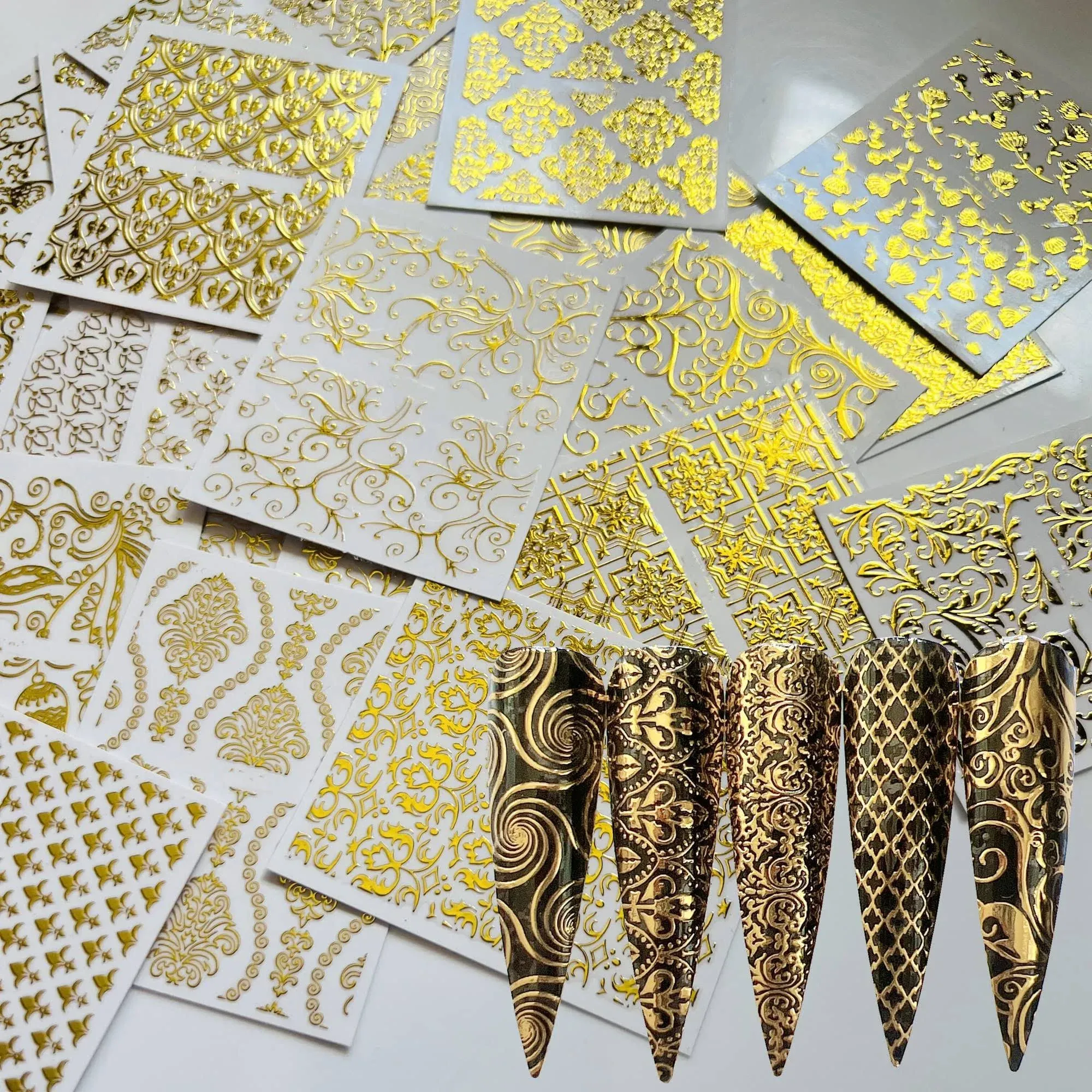 NAIL ANGEL 26Sheets Nail Art Adhesive Sticker Sheets Different Gold Color Luxury Shapes Sticker Nail Art Deco 10300