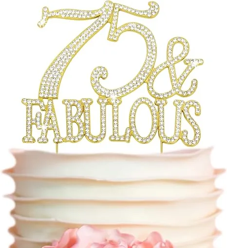 75 Cake Topper - Premium Gold Metal - 75 and Fabulous - 75th Birthday Party Sparkly Rhinestone Decoration Makes a Great Centerpiece - Now Protected in a Box