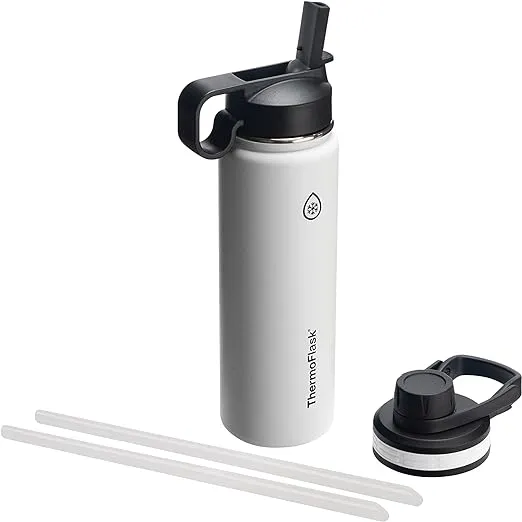 ThermoFlask Bottle with Chug Lid & Straw Lid - Insulated Stainless Steel Water Bottle with Leak-Proof Lids - Dishwasher-Safe Reusable Bottle & Lids - Durable Bottle, 2 Straws & 2 Lids - 24 oz, White