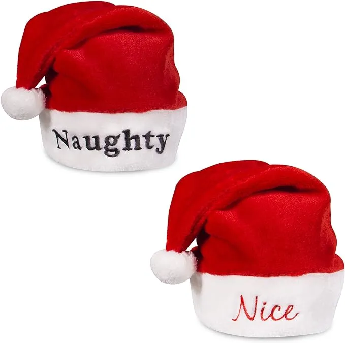 Two Christmas Santa Claus Plush Red Soft FUZZY NAUGHTY &amp; NICE HATS.