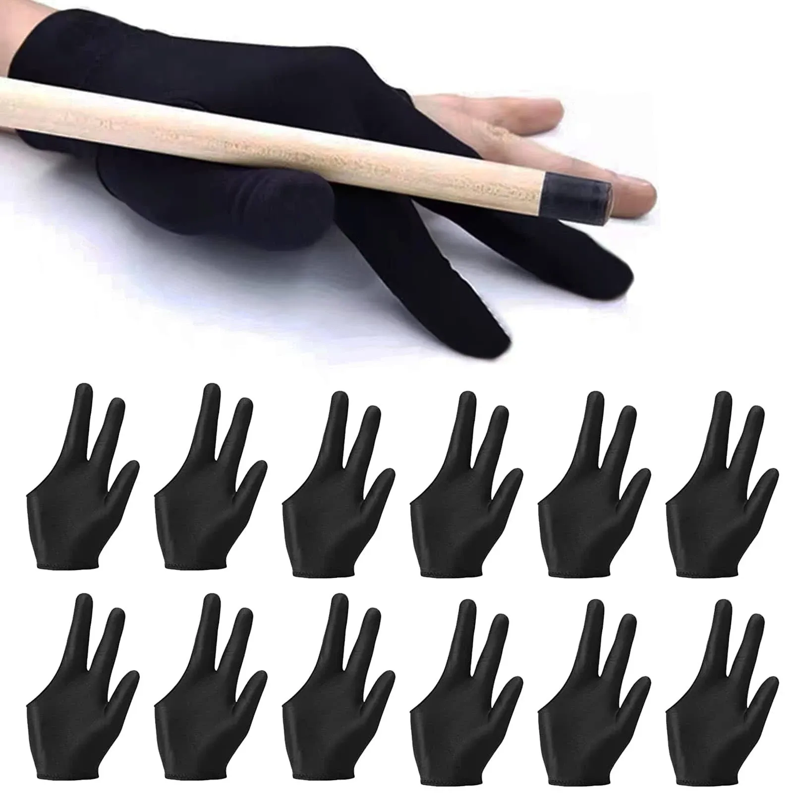 Billiard Gloves 3 Fingers Snooker Shooter Cue Pool Gloves, 12 Pack