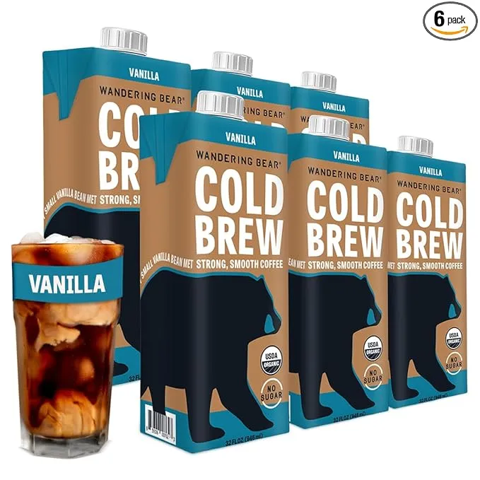 Wandering Bear Organic Vanilla Cold Brew Coffee, 32 fl oz, 6 Pack - Extra Strong, Smooth, Organic, Unsweetened, Shelf-Stable