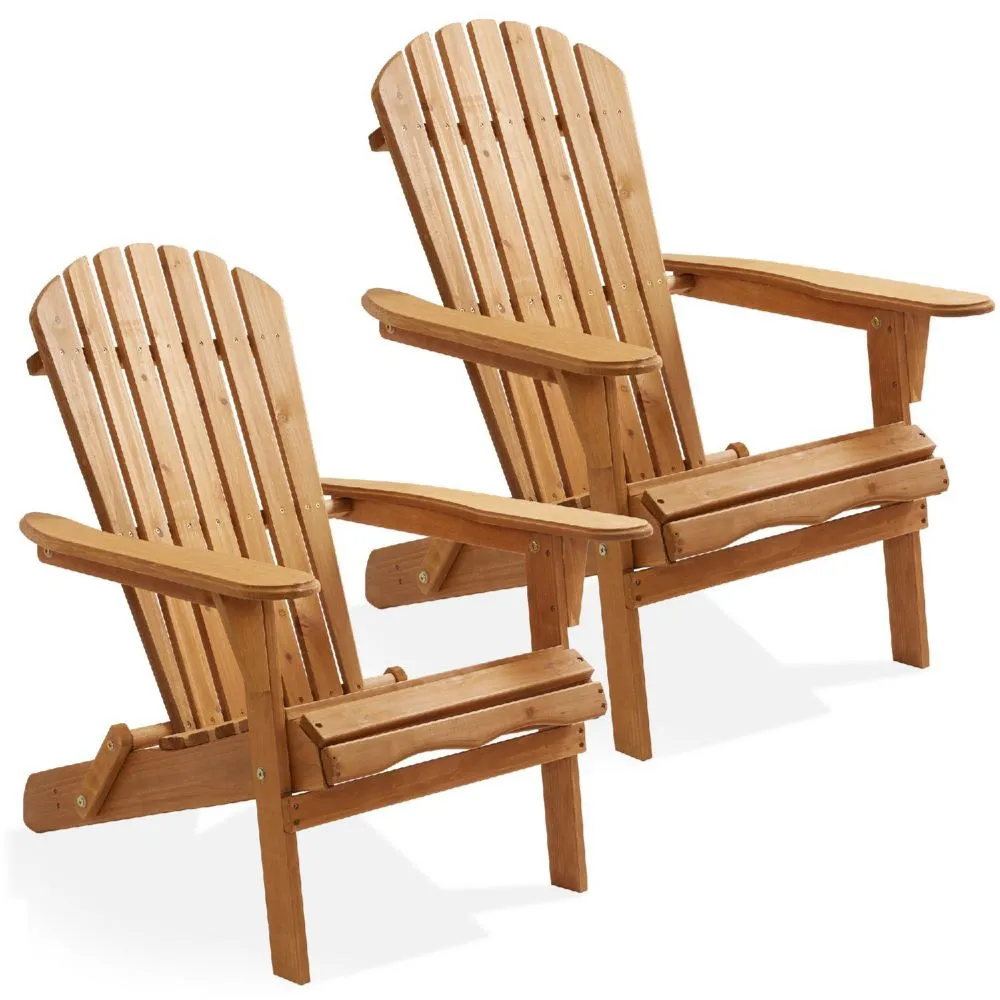 Casafield Set of 2 Folding Adirondack Chairs, Wood Outdoor Fire Pit Patio Seating-Natural