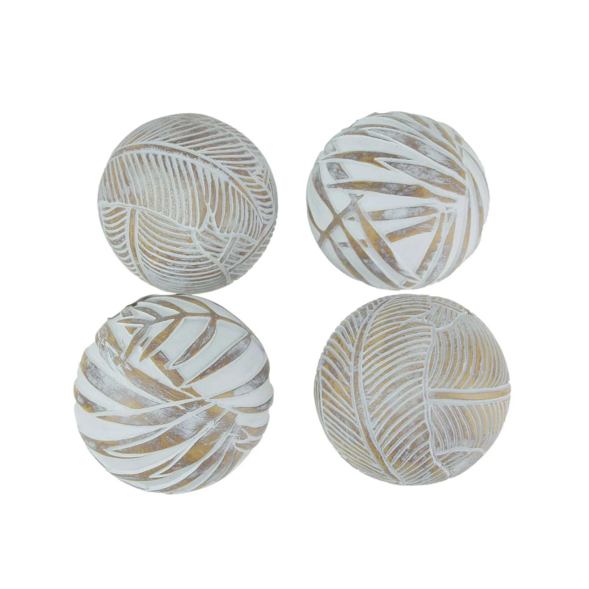 May Whitewashed Tropical Leaf Wood Look Decor Balls Set of 4