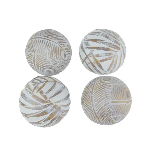 Whitewashed Tropical Leaf Wood Look Decor Balls Set Of 4 - 4 X 4 X 4 inches - Bed Bath & Beyond - 31768790