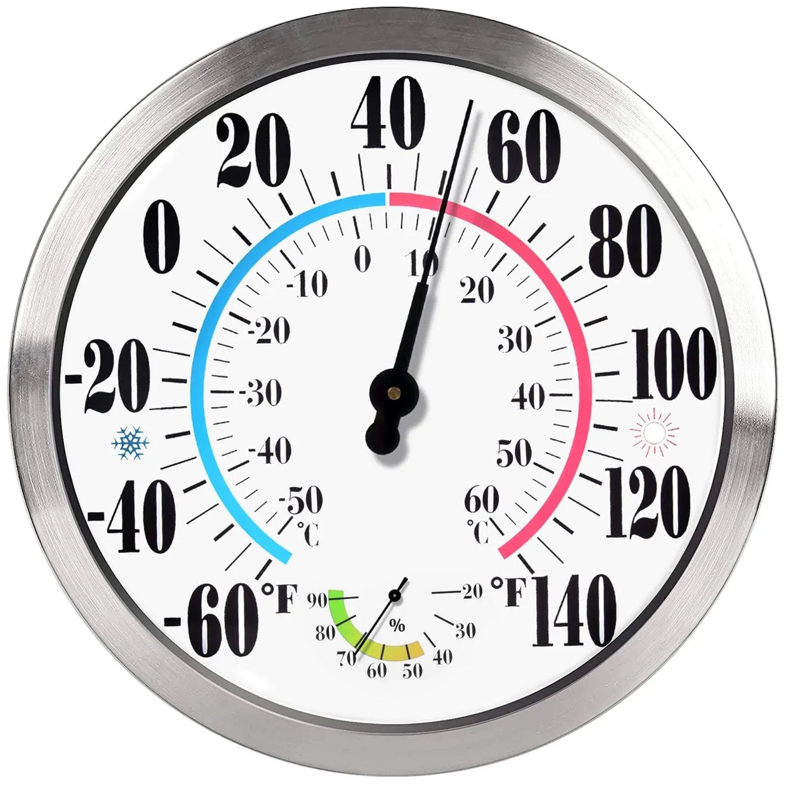 12'' Indoor Outdoor Thermometer Hygrometer - Premium Steel Outdoor Thermometer Large Numbers, Hanging Wall Thermometer Hygrometer for Home, Garden, Patio (No Battery Required)