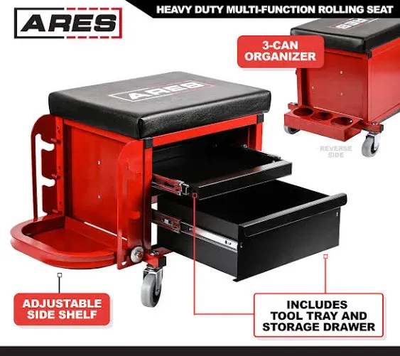 ARES 62042 – Heavy Duty Rolling Shop Stool - Square Mechanic's Red Shop Seat - Multi-Function with Padded Seat Cushion, Tool Storage Drawer and Tray – Rugged Steel Construction Holds Up to 350 LB