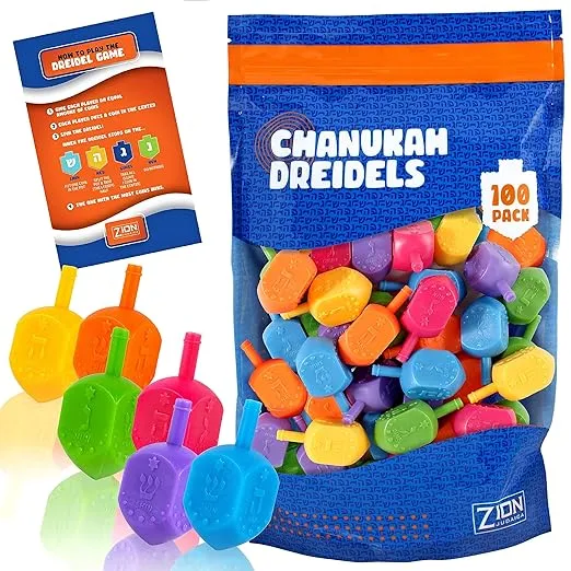 Zion Judaica Hanukkah Plastic Dreidels Hebrew with English Transliteration Bulk Pack Chanukah Driedels Hanukah Game Spinning Tops Chanukah Fun in Resealable Ziplock Bag (100 Pack)