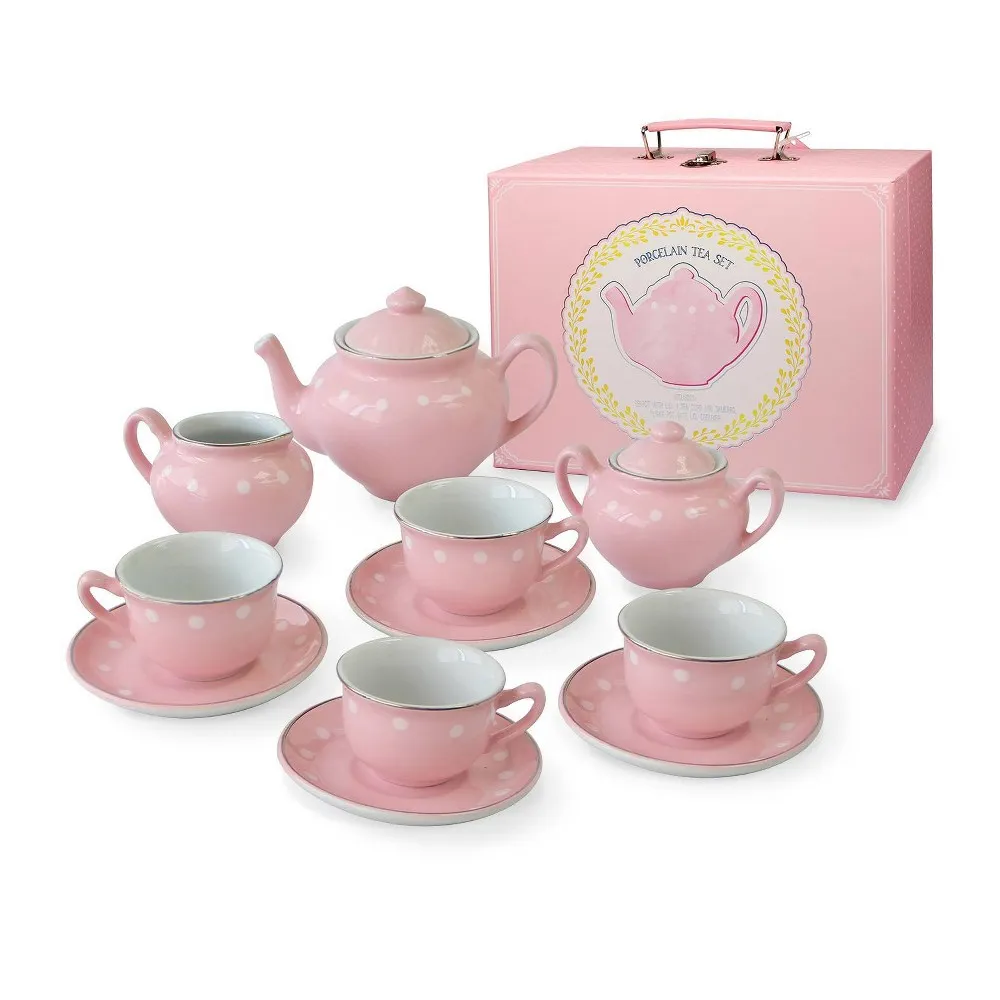 Bright Stripes Porcelain Tea Set for Kids - Premium Quality Pretend Play Set - 4 Tea Cups, 4 Saucers, Tea Pot, Sugar Pot, Creamer - Ideal Kids Tea Sets for Girls