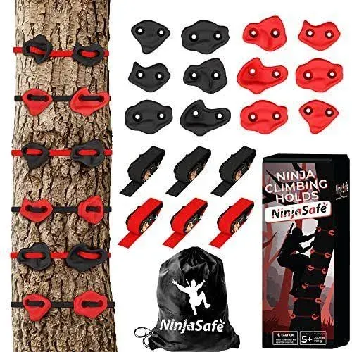 NinjaSafe Ninja Tree Climbing Kit with 12 Tree Climbing Holds and 6 Ratchets ...