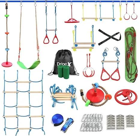 Ninja Obstacle Course for Kids Backyard - 10 Durable Obstacles and 60' Slackline - Outdoor Warrior Obstacle Playset Equipment with Gymnastic Ring, Rope Ladder, Ninja Wheel, Climbing Rope Swing