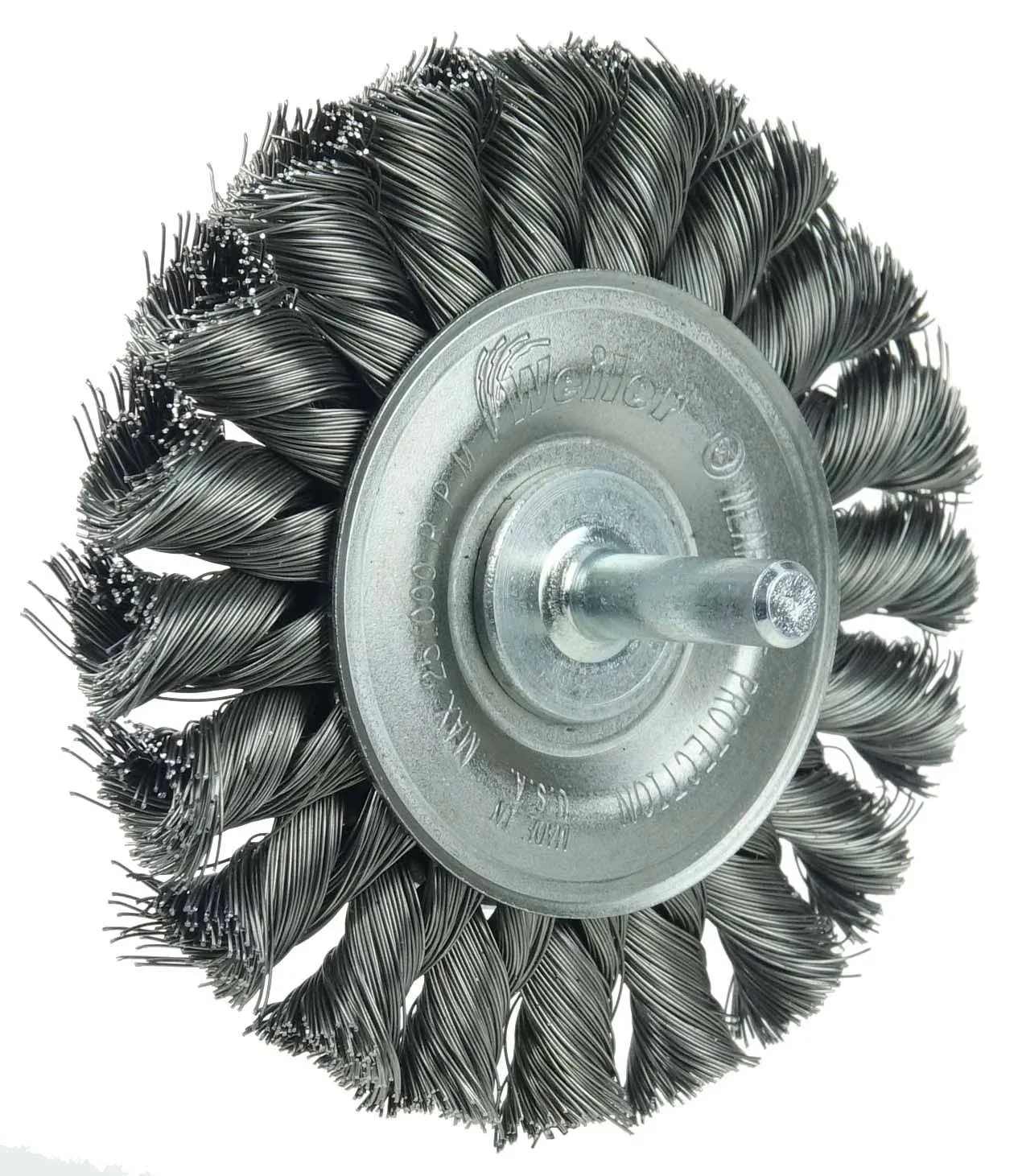 Weiler Standard Twist Knot Wire Wheel, 3-1/4 in Dia. x 3/8 in W Face, 0.0118 in Steel Wire, 25,000 rpm, 1/4 in Stem