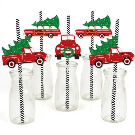 Big Dot of Happiness Merry Little Christmas Tree - Paper Straw Decor - Red Truck and Car Christmas Party Striped Decorative Straws - Set of 24