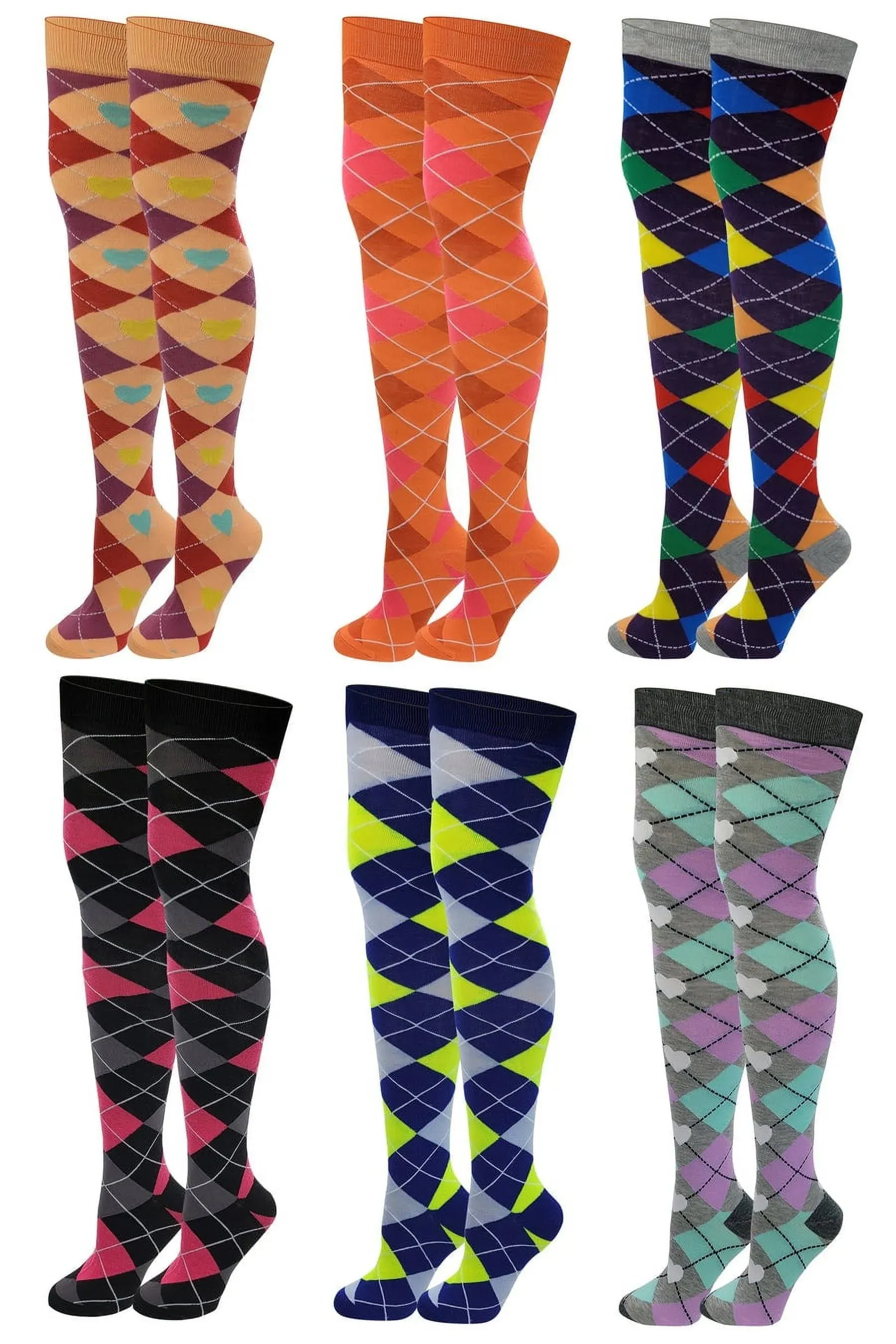 SUMONA 6 Pairs Pack Women Multi Neon Color Fancy Design Thigh High Over the Knee Socks Stockings