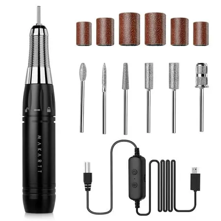 Portable Electric Nail Drill Machine, Rechargeable Acrylic Nail Drill Kit with 6 Nail Drill bits and Sanding Bands, Achieve Professional Salon Quality Manicures and Pedicures Anywhere