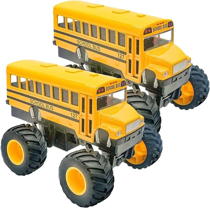 5" Pullback School Bus Toy Set - Set of 2 - Includes 2 Yellow School Buses with Monster Wheels - Diecast Bus Playset with Pullback Mechanisms - Great Gift Idea for Boys and Girls