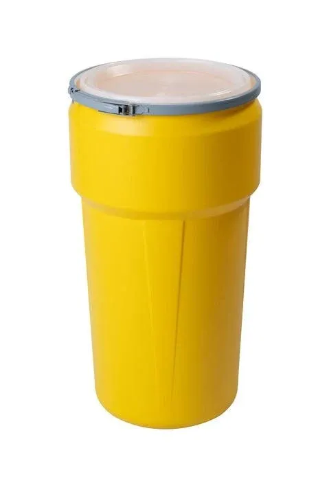 Eagle 20 Gallon Plastic Drum with Lid, Metal Lever-Lock, 30.5"x15.8", Open Head Lab Pack Drum Made of Durable, Lightweight HDPE, Withstands Weather and Chemicals, Made in USA, Yellow, 1623M