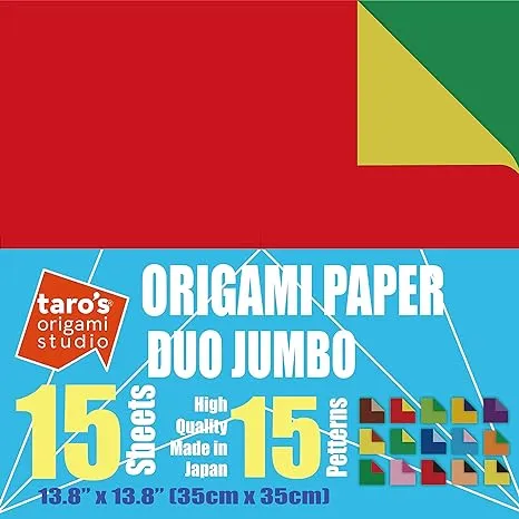 "Taro's Origami Studio Jumbo Duo (Diffrent Colors On Each Side) Double Sided Standard 13.7 Inch (35 cm) Kami Paper with 15 Color Change Patterns, 15 Sheets (Made in Japan)"