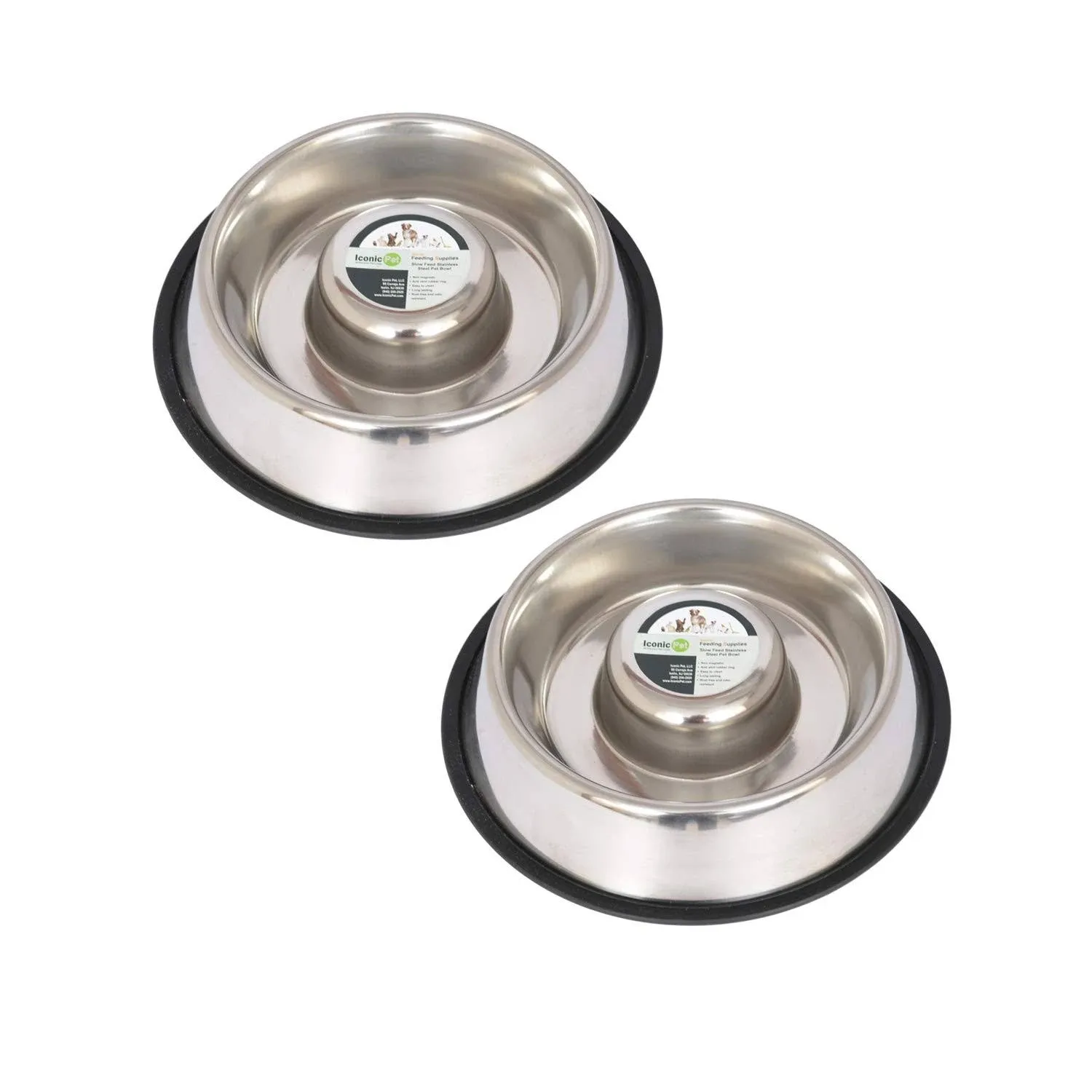 2 Pack Slow Feed Stainless Steel Pet Bowl for Dog or Cat - Large - 48 oz