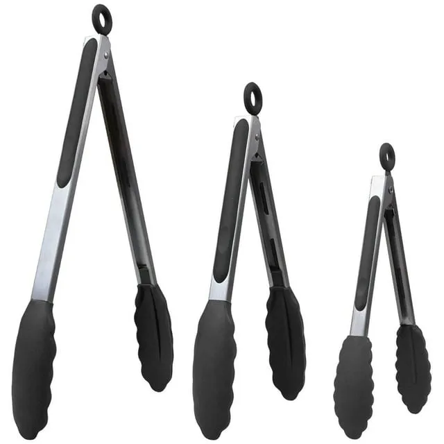 FACEGLE Kitchen Tongs Silicone Tongs BBQ Tongs Food Tongs Stainless Steel with Non-Stick Silicone Tips Set of 3 Utensils for Cooking Grilling Serving Salad by Classic Cuisine