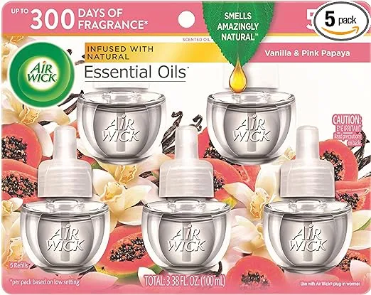 Air Wick Plug in Scented Oil Refill, 5ct, Vanilla and Pink Papaya, Air Freshener, Essential Oils