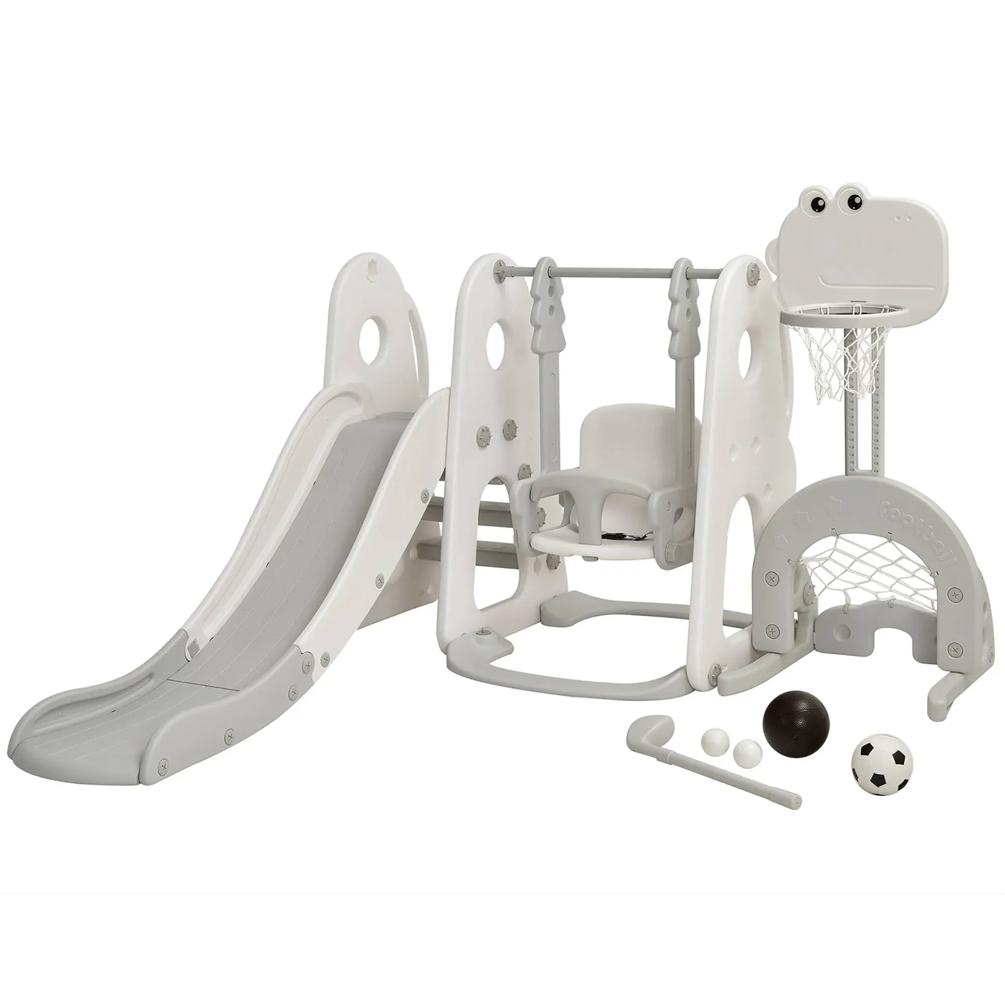 Costway 6-in-1 White Toddler Slide and Swing Set Climber Playset w/Ball Games