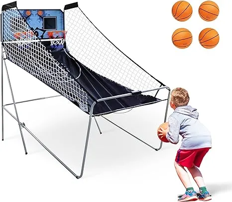 Foldable Indoor Basketball Arcade Game, Electronic Dual Shot Basketball Hoop Arcade Game Machine with 4 Balls and LED Scoring for 2 Players Home Play, Kids, Adults