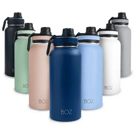 BOZ Stainless Steel Water Bottles 2 Pack Bundle - Blue Water Bottle + Black Water Bottle - Vaccum Insulated Water Bottles 32 Oz - Wide Mouth BPA Free Sport Water Bottles for Gym with Spout Lid