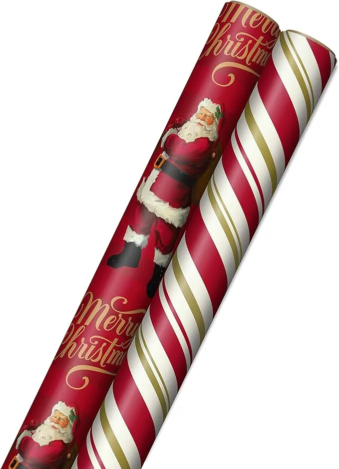 Hallmark Foil Christmas Wrapping Paper with Cut Lines on Reverse (3 Rolls: 60 sq. ft. ttl) Cute Santa, Colorful Candy Canes, Blue, Green, Red Stripes