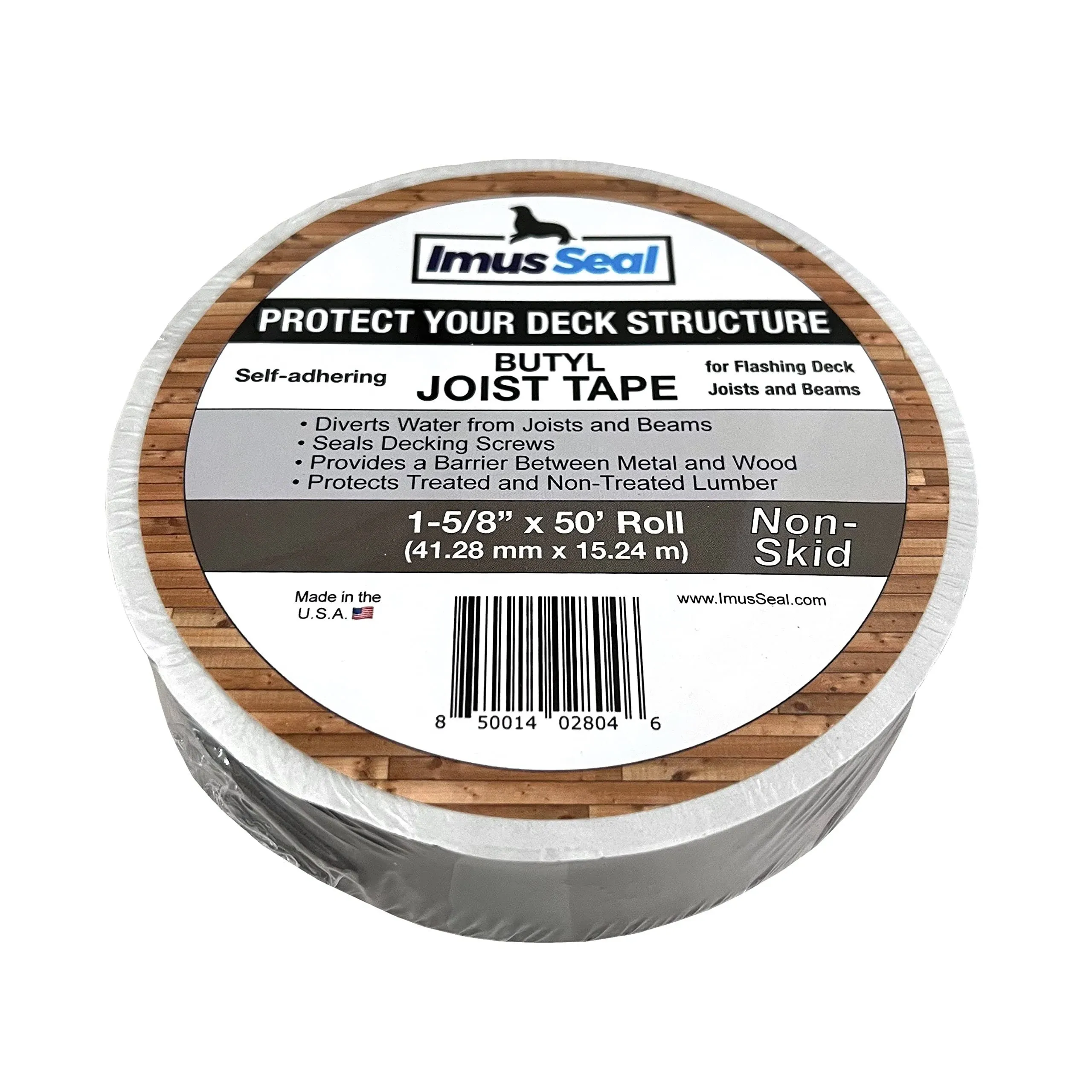 Imus Seal® Butyl Joist Tape for Flashing Deck Joists and Beams, UV Resistant, Level Decking™, Protect Your Deck Structure™, Made in USA (1-5/8” x 50’ Non-Skid)