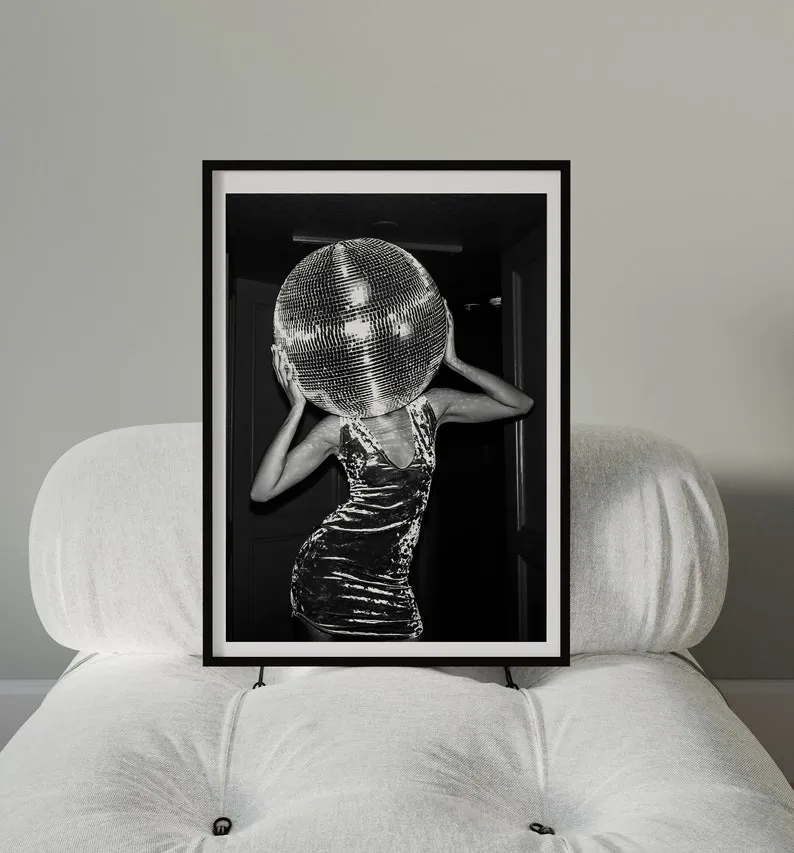 Female Disco Ball Head Poster, Funky Disco 70s Print, Black White Wall Art, Digital Artwork, Luxury Mirrorbal Printable, Girly Dorm Room Art