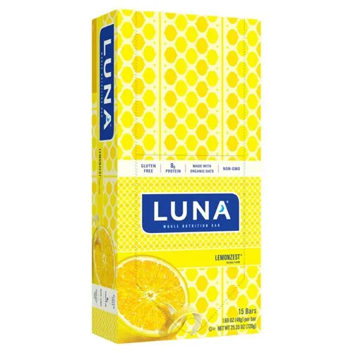 Luna
           Gluten Free Whole Nutrition Bars LemonZest -- 15 Bars
        
        
        
        
        
          
          SKU #: 722252203304
          
            Shipping Weight:
              1.76 lb
            
          
          
            Servings:
              15