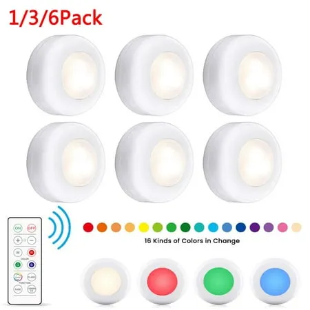 Rosnek LED Puck Lights RGB Wireless Closet Lights Under Cabinet Lighting Night Light with Remote Control 1/3/6Pcs