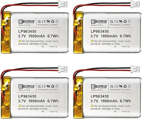 EEMB 4PACK Lithium Polymer Battery 3.7V 1800mAh 963450 Lipo Rechargeable Battery Pack with Wire JST Connector for Speaker and Wireless Device- Confirm Device & Connector Polarity Before Purchase