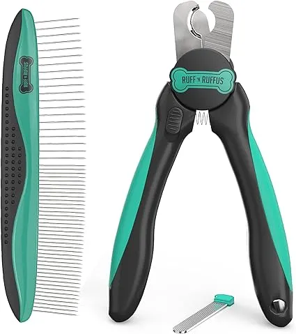 Ruff 'n Ruffus Professional-Grade Dog & Cat Pet Nail Clippers | with Safety Guard to Avoid Over-Cutting | + Free Bonus Pet Comb & Free Integrated Nail File | Great for All Pet Sizes