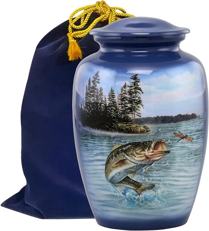 Bass Fishing Urn - Bass Fish Cremation Urn for Ashes - Adult Fishing Urn - Handcrafted Adult Bass Fish Funeral Urn - Fishing Memorial Urn with Velvet Bag (Large), Blue (BU-L)