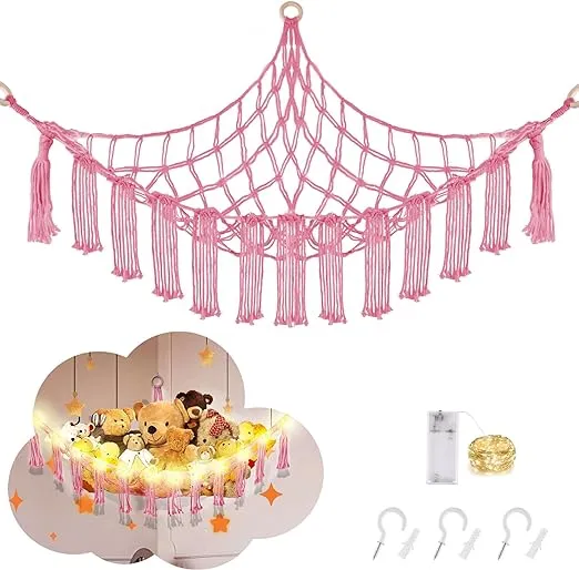 Stuffed Animal Hammock with LED Light, Toy Hammock for Stuffed Animals Storage for Kids Room Decor, Stuffed Animal Hammock Corner, Pink