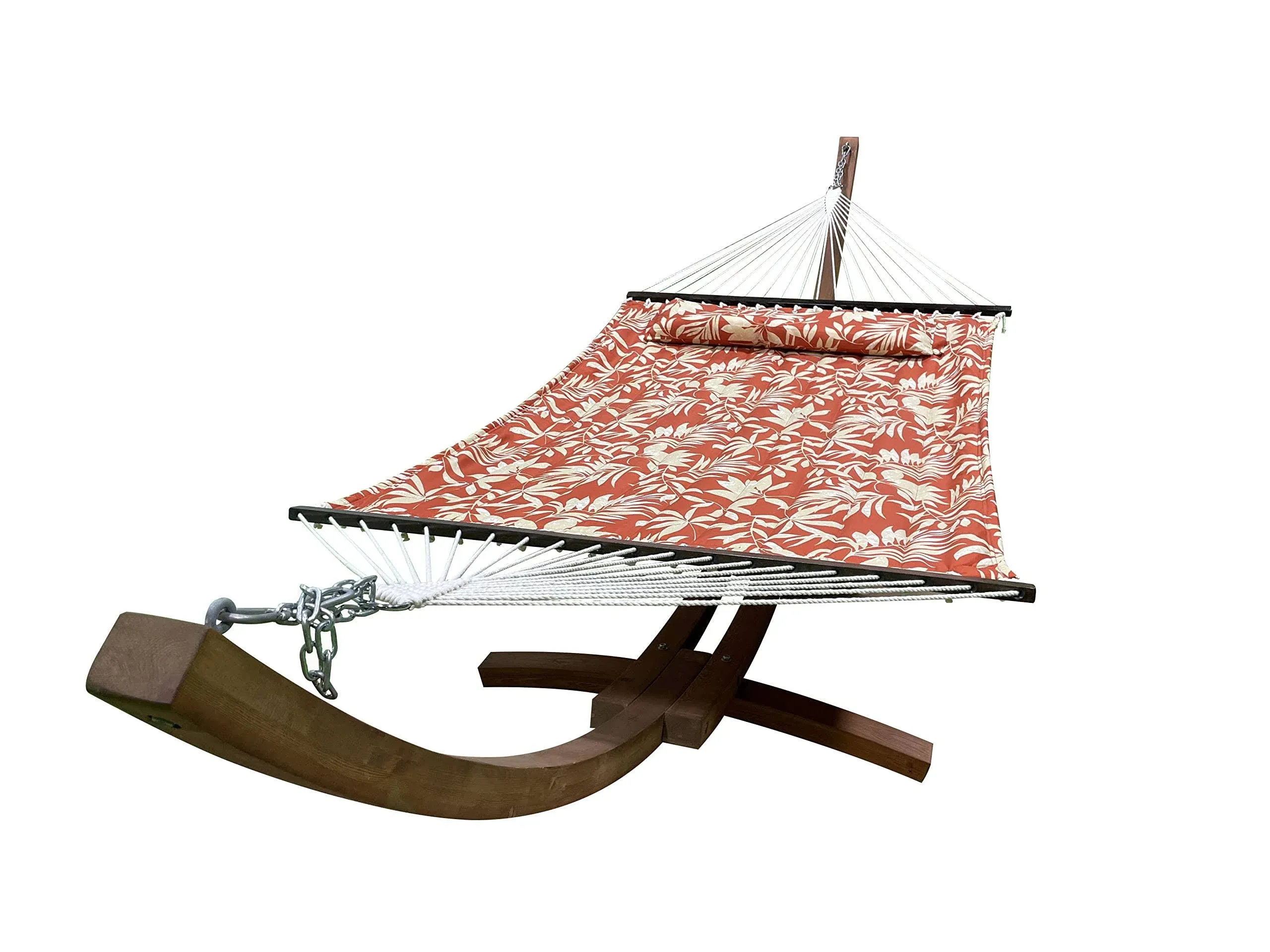 Petra Leisure 14 Ft. Teak Wooden Arc Hammock Stand + Deluxe Quilted Elegant Floral, Double Padded Hammock Bed w/Pillow. 2 Person Bed. 450 LB Capacity