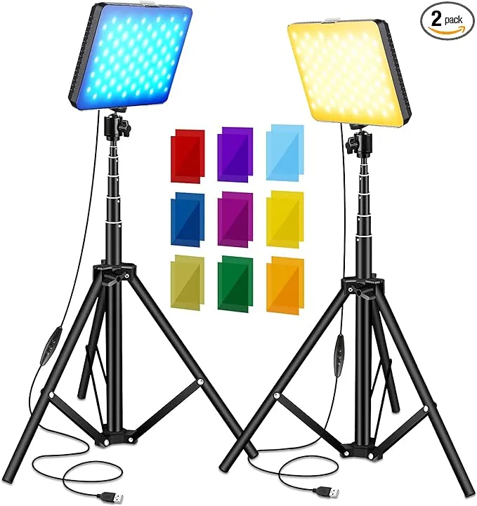 Sutefoto 2 Packs USB 132 LED Video Light Kits for Continuous Table Top Studio Shooting Photography Lighting(3200-5500K, 10%-100%, 2 Adjustable Tripod Stand,2X9 Color Filters) (7.3 in)