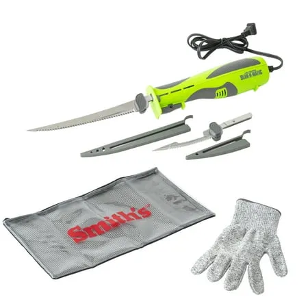 Smith’s Mr. Crappie Slab-O-Matic Electric Fillet Knife - Removable 8” & 4.5” Serrated Stainless Steel Blades w/ Sheaths - Fillet Glove & Mesh Storage Bag - Fishing, Outdoor, Hunting Electric Knife