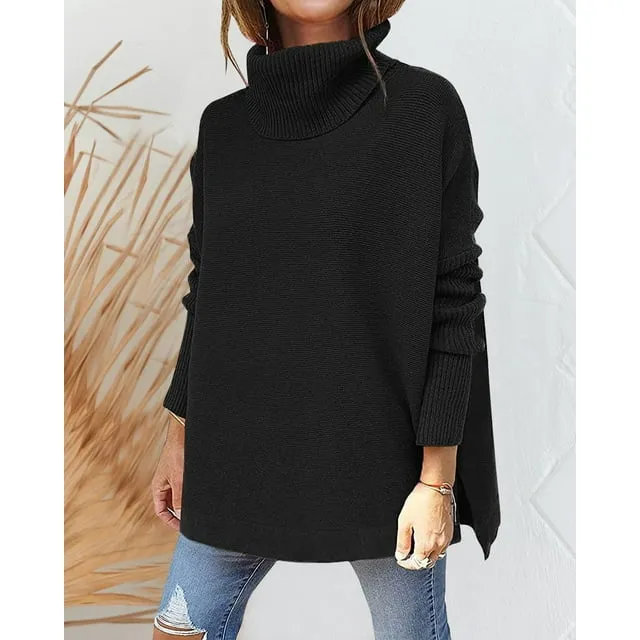 ROSVIGOR Sweaters for Women Turtleneck Knit Pullover Sweaters Long Batwing Sleeve Spilt Hem Tunic Womens Tops