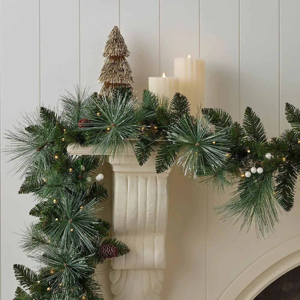 Glistening Mountain Pineneedle 9' Garland with Pinecones, White Berries and Warm LED Lights | Indoor or Covered Outdoor | Fire-Resistant and Non-allergenic