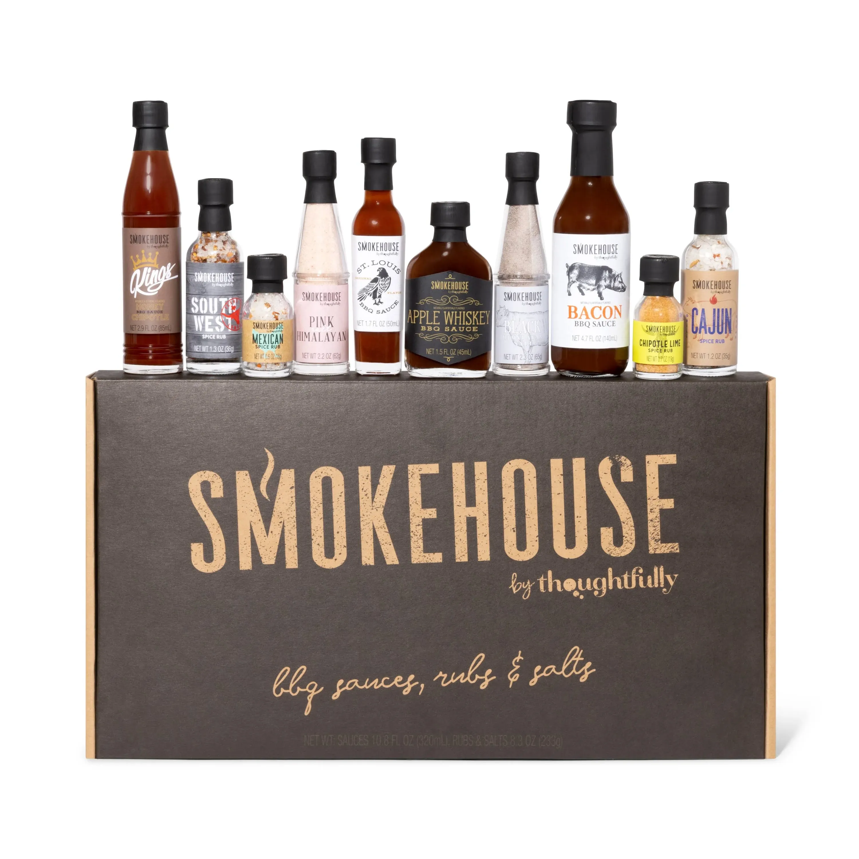 Smokehouse by Thoughtfully, Ultimate BBQ Sampler Set, Vegan and Vegetarian, Includes a Variety of Flavorful USA Made BBQ Sauces, Rubs, and Salts for Smoking and Grilling in Sample Size Glass Bottles