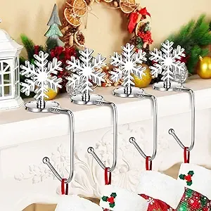 Christmas Stocking Holders for Mantle Lightweight, Small Snowflake Stocking Holder Set of 4, Rotatable Fireplace Stocking Hangers Suitable for mantels Less Than 2.7 inches(Snowflake)