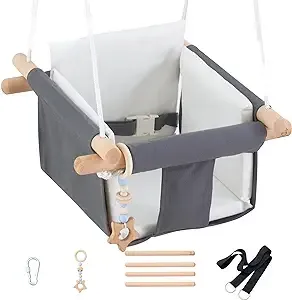 Comfortable Baby Swing Seat, Secure Canvas and Wooden Hanging Swing Chair for Baby, Infant, Toddler, Child, Kids Toys, Indoor Outdoor Hammock for Playground, Tree Swings or Backyard, C2