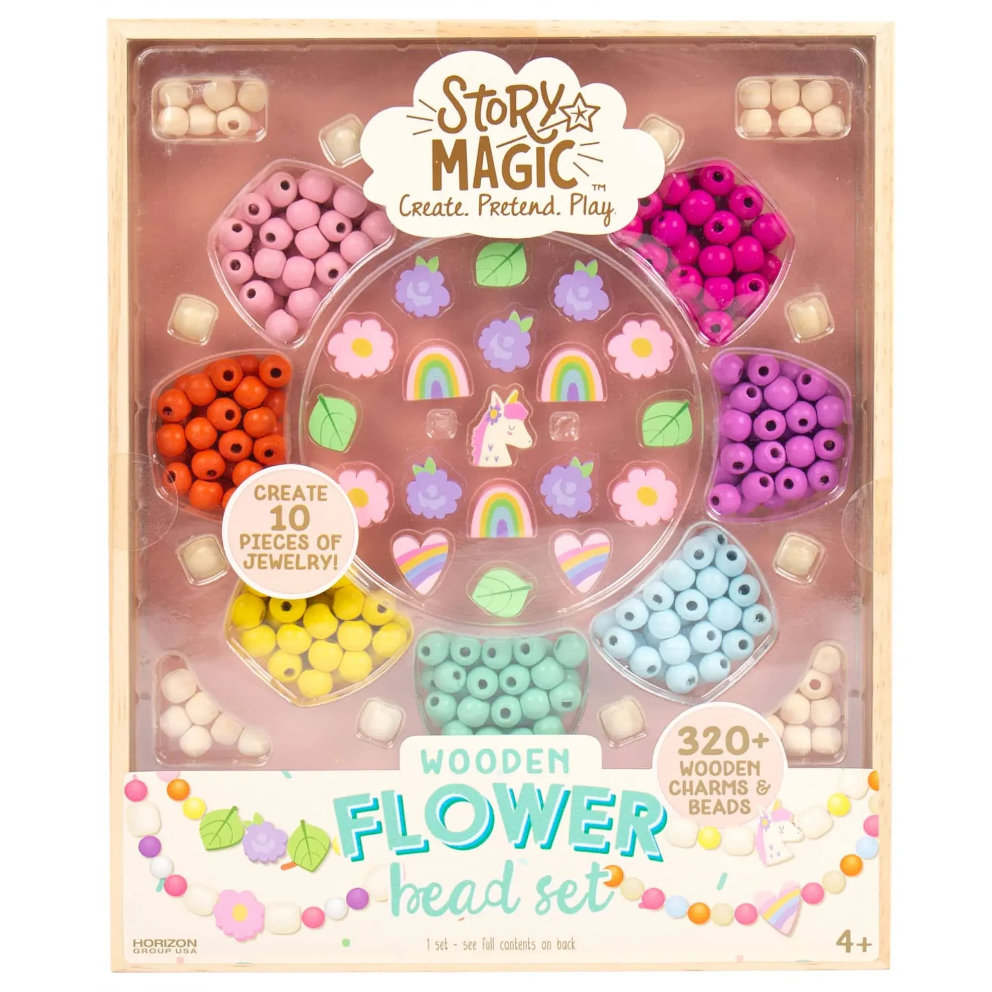 Story Magic Wooden Flower Bead Set, Over 300 Large Hole Wood Beads &amp; Charms for Beading Bracelets, Bracelet Making Kit, Flower Bracelet Kit,