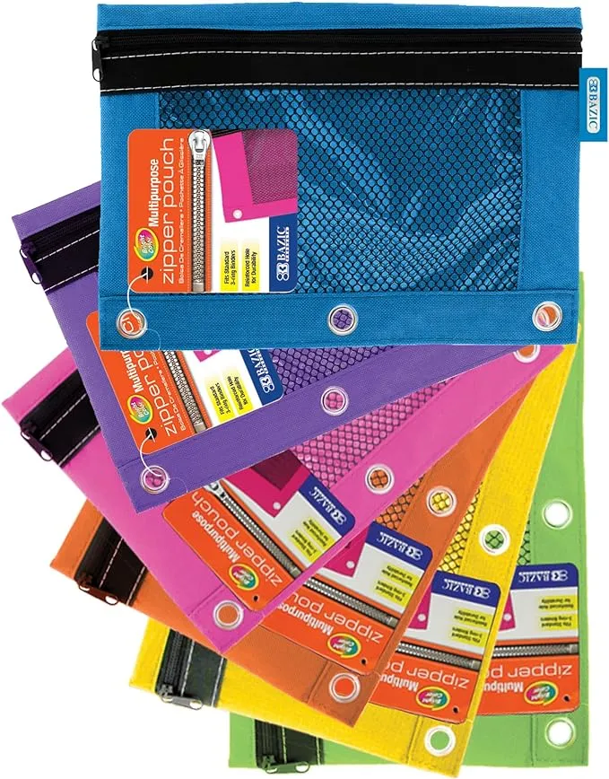 BAZIC Bright Color 3-Ring Pencil Pouch w/ Mesh Window