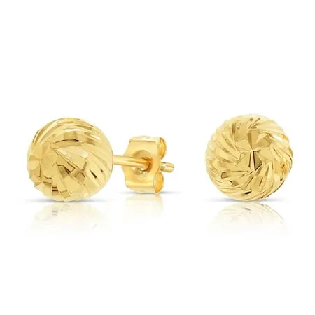 Tilo Jewelry 14k Yellow Gold Ball Stud Earrings with Spiral Design Engraving and Secure Push-backs | 7mm | Classic Everyday Earrings | Women Girls Men Unisex